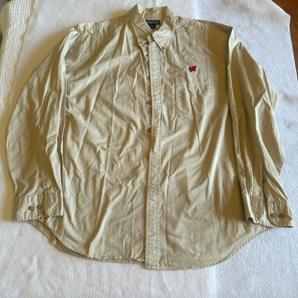 Lands End Khaki Button Down Shirt Men XL Wisconsin Logo Chino Long Sleeve VTG
